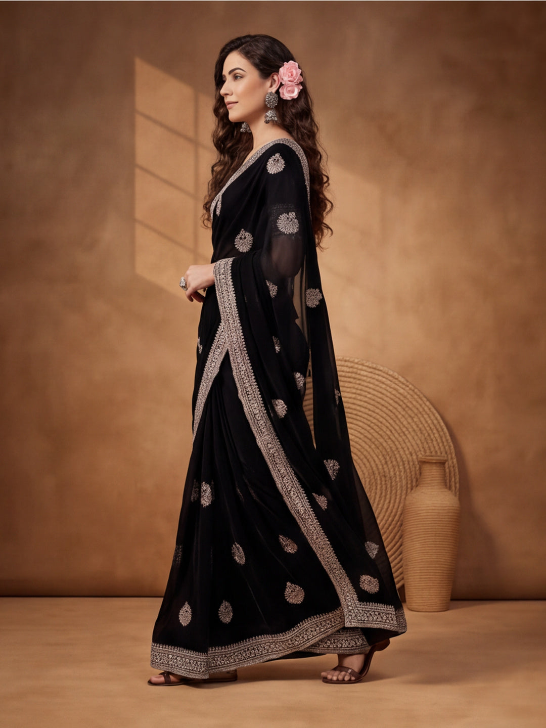 Black Georgette Saree with Modern Embroidered Appeal by Jaipur Kurti