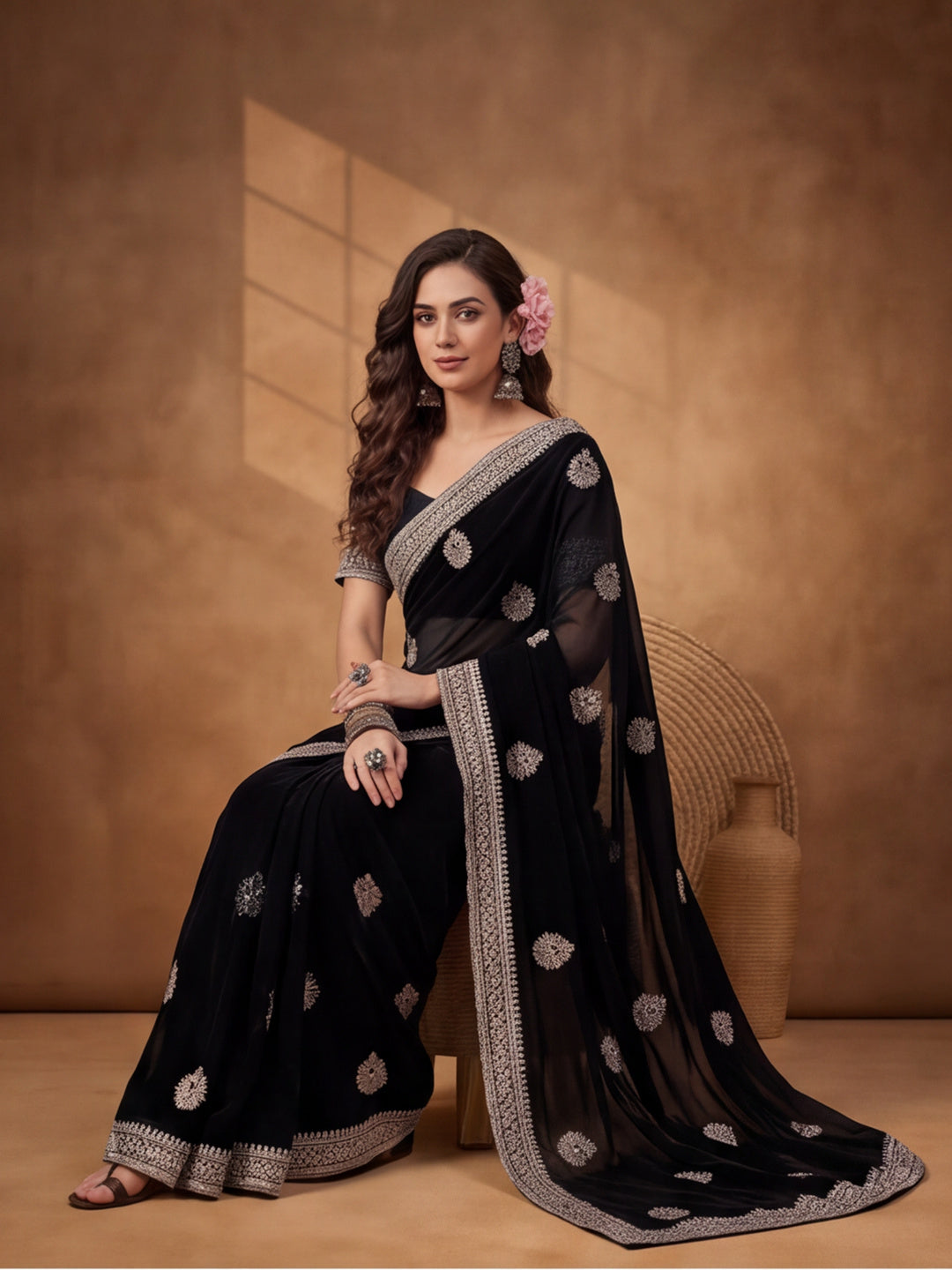 Black Georgette Saree with Modern Embroidered Appeal by Jaipur Kurti