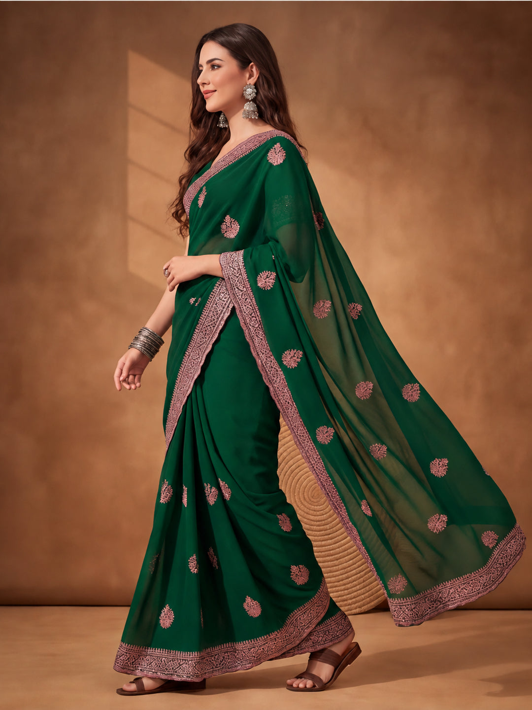 Bottle Green Georgette Saree with Luxurious Embroidered Touch by Jaipur Kurti