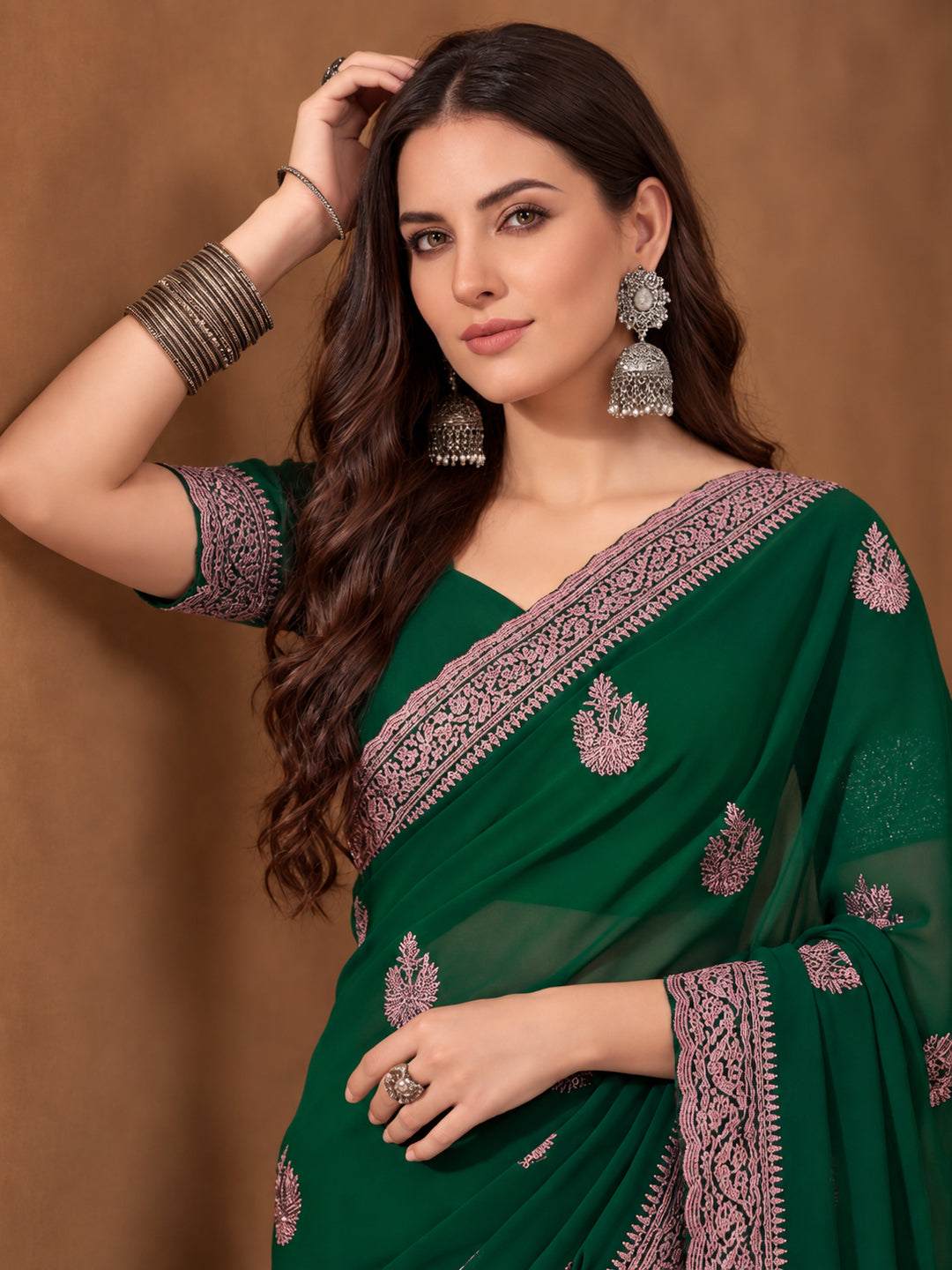 Bottle Green Georgette Saree with Luxurious Embroidered Touch by Jaipur Kurti