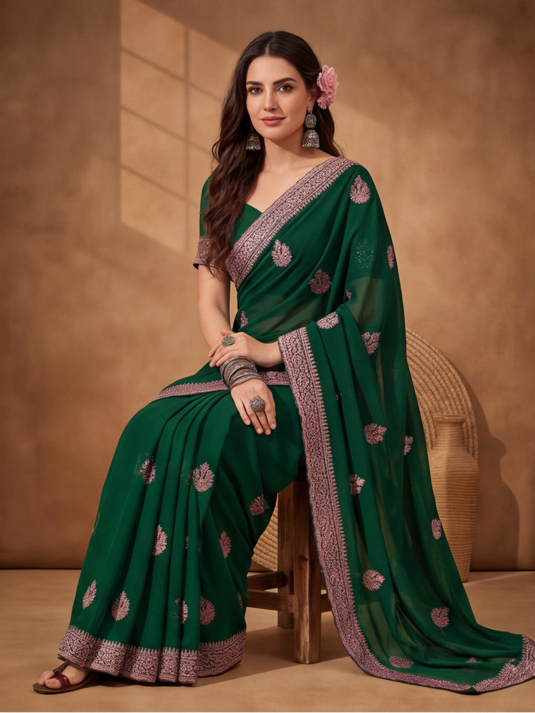 Bottle Green Georgette Saree with Luxurious Embroidered Touch by Jaipur Kurti