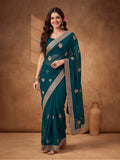 Teal Georgette Saree with Sophisticated Embroidered Work by Jaipur Kurti