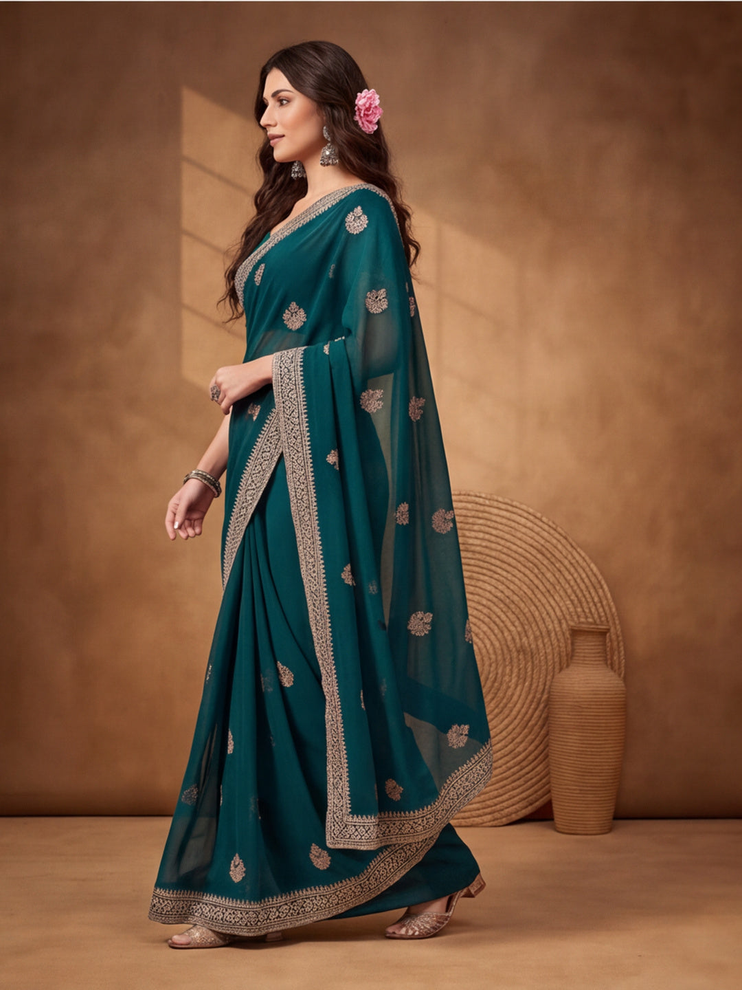 Teal Georgette Saree with Sophisticated Embroidered Work by Jaipur Kurti