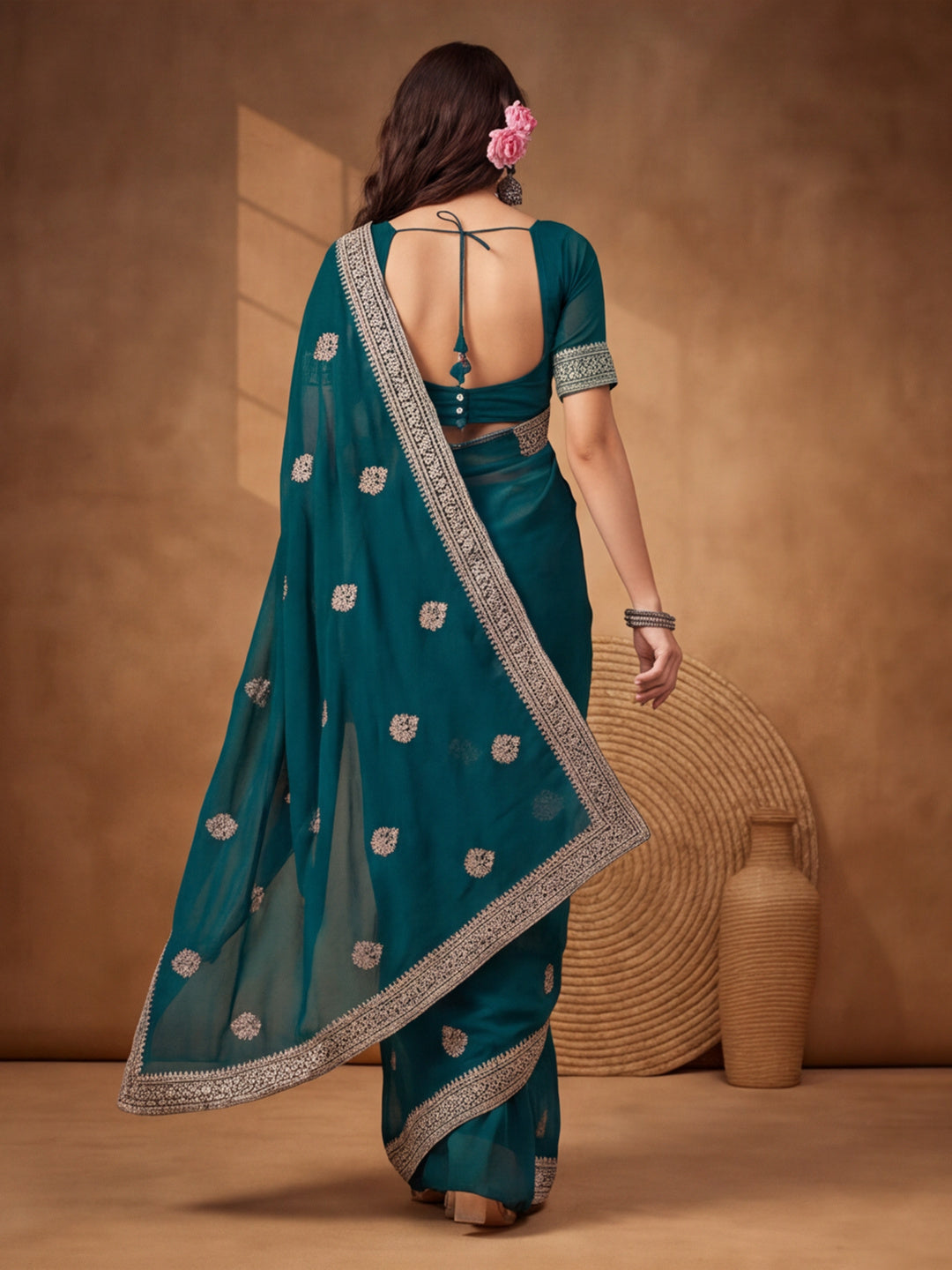 Teal Georgette Saree with Sophisticated Embroidered Work by Jaipur Kurti