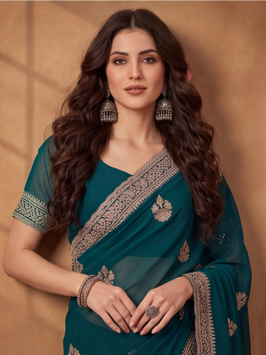 Teal Georgette Saree with Sophisticated Embroidered Work by Jaipur Kurti