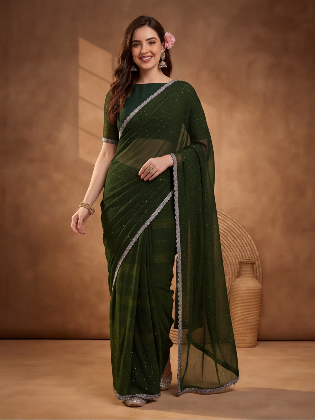 Olive Vichitra Silk Embellished Saree for Women by Jaipur Kurti