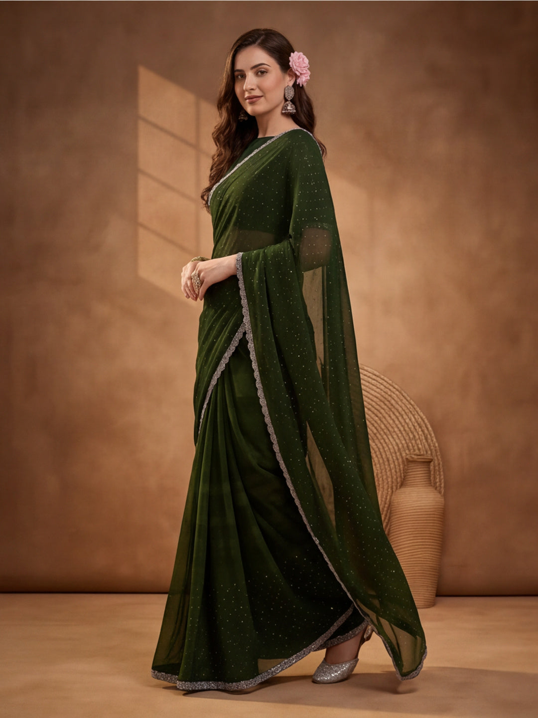 Olive Vichitra Silk Embellished Saree for Women by Jaipur Kurti