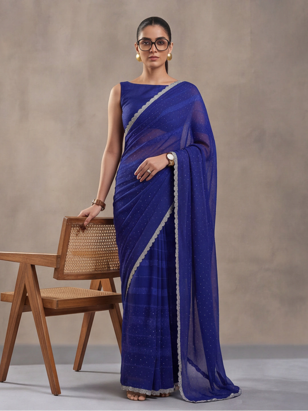 Royal Blue Vichitra Silk Embellished Saree for Women by Jaipur Kurti