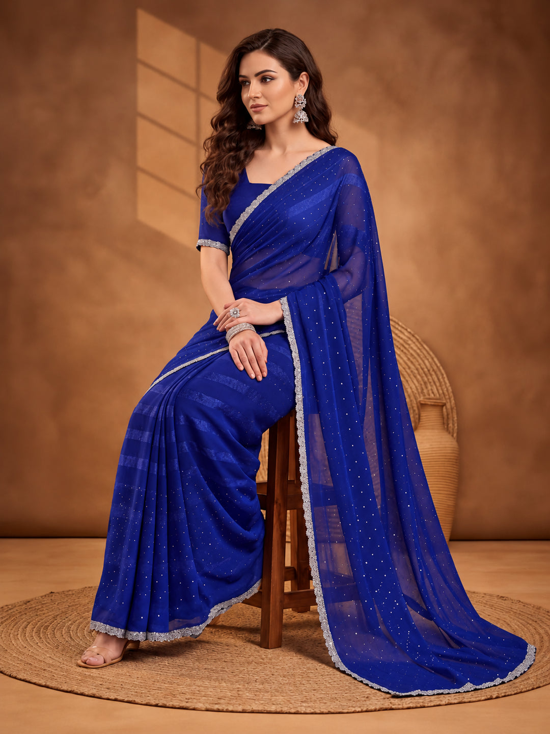 Royal Blue Vichitra Silk Embellished Saree for Women by Jaipur Kurti