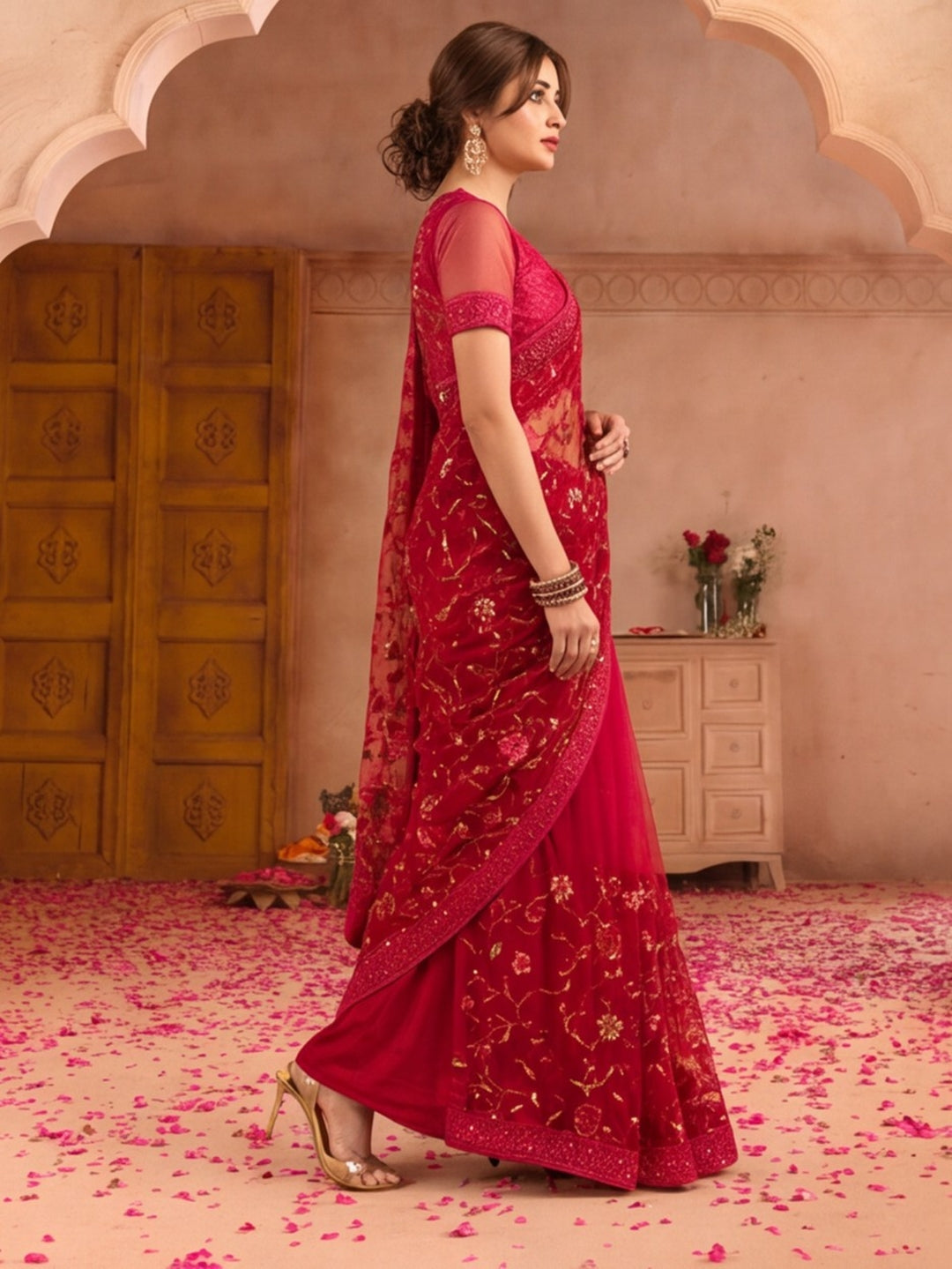 Magenta Color Embroidered Work Net Saree By Jaipur Kurti