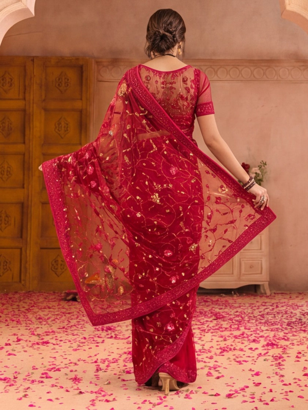Magenta Color Embroidered Work Net Saree By Jaipur Kurti