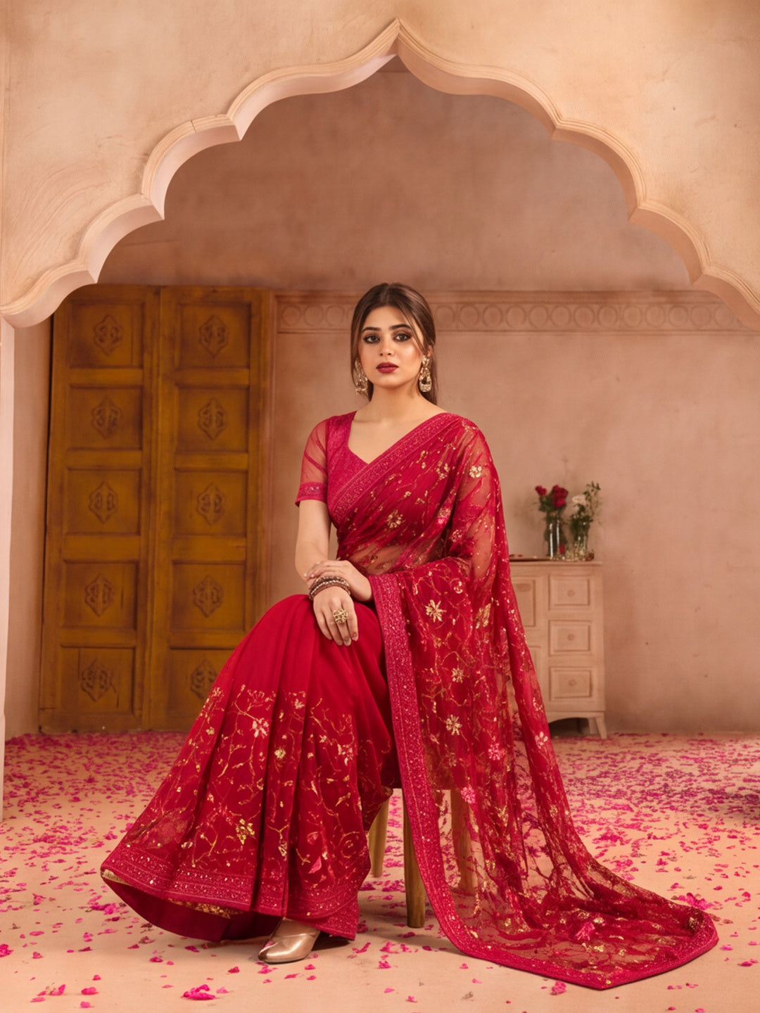 Magenta Color Embroidered Work Net Saree By Jaipur Kurti