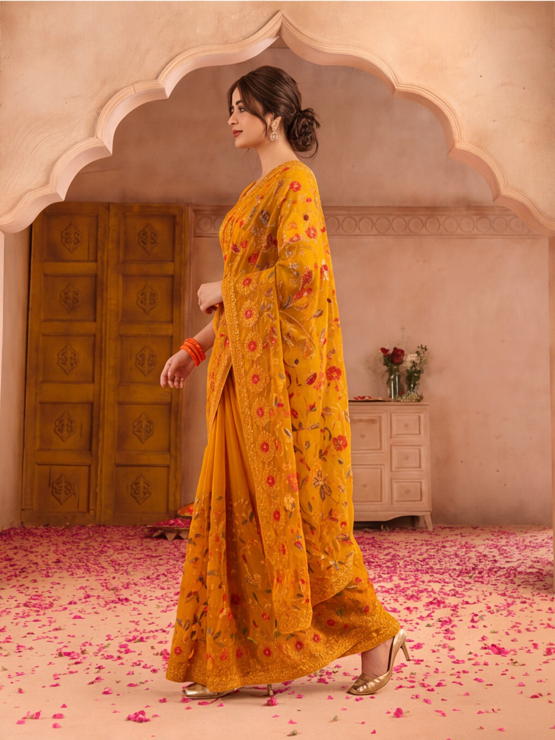 Mustard Color Embroidered Work Net Saree By Jaipur Kurti