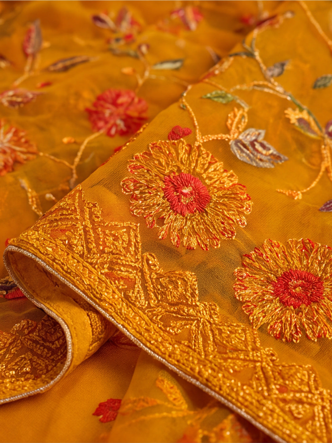 Mustard Color Embroidered Work Net Saree By Jaipur Kurti