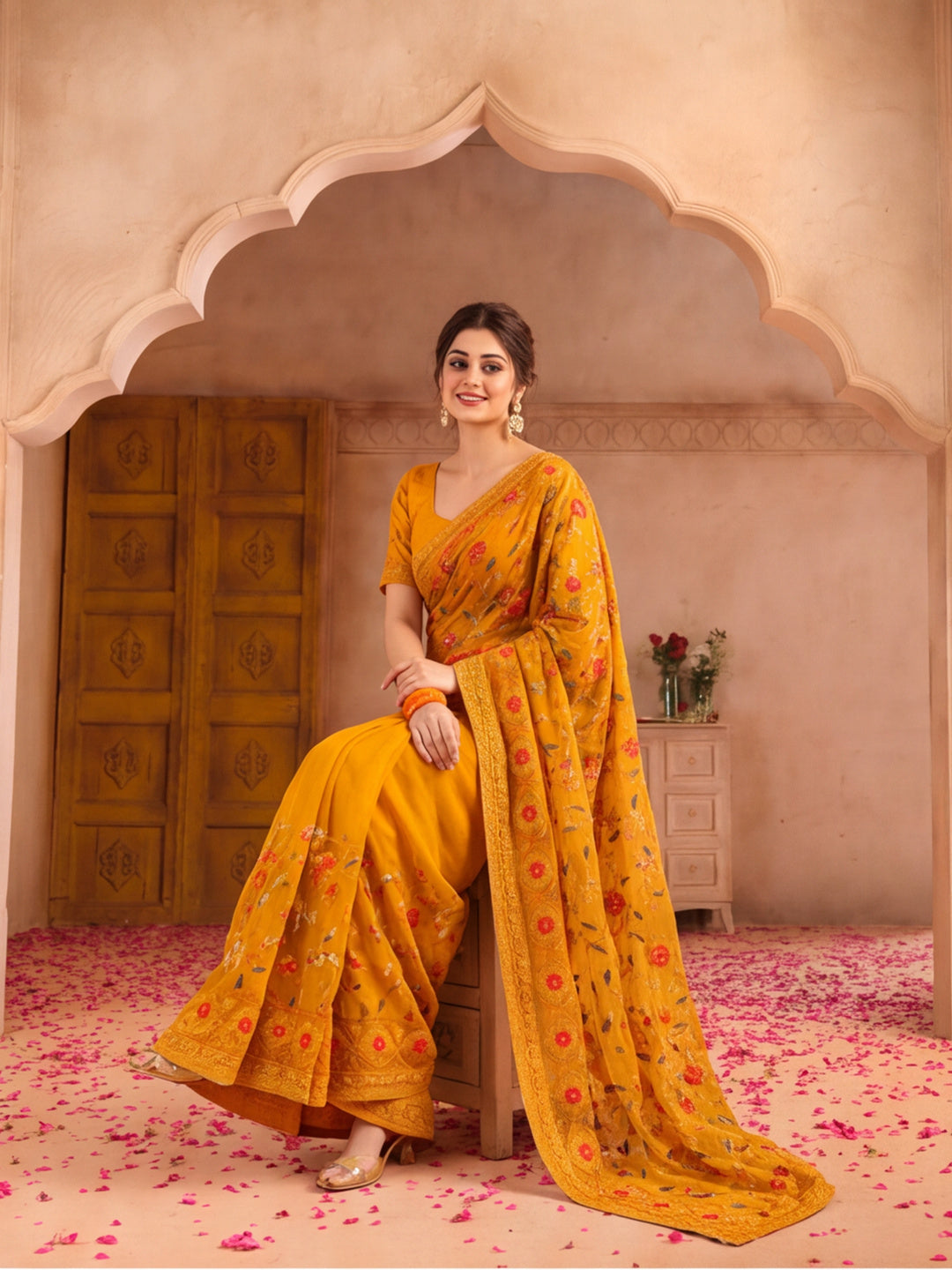 Mustard Color Embroidered Work Net Saree By Jaipur Kurti