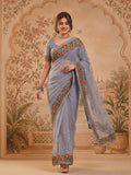 Grey Color Embroidered Work Net Saree By Jaipur Kurti