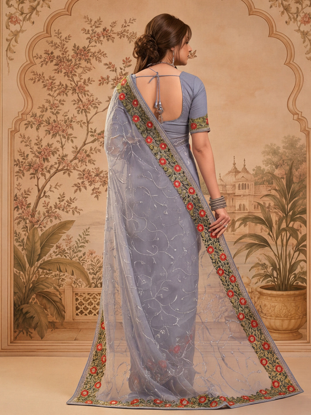 Grey Color Embroidered Work Net Saree By Jaipur Kurti