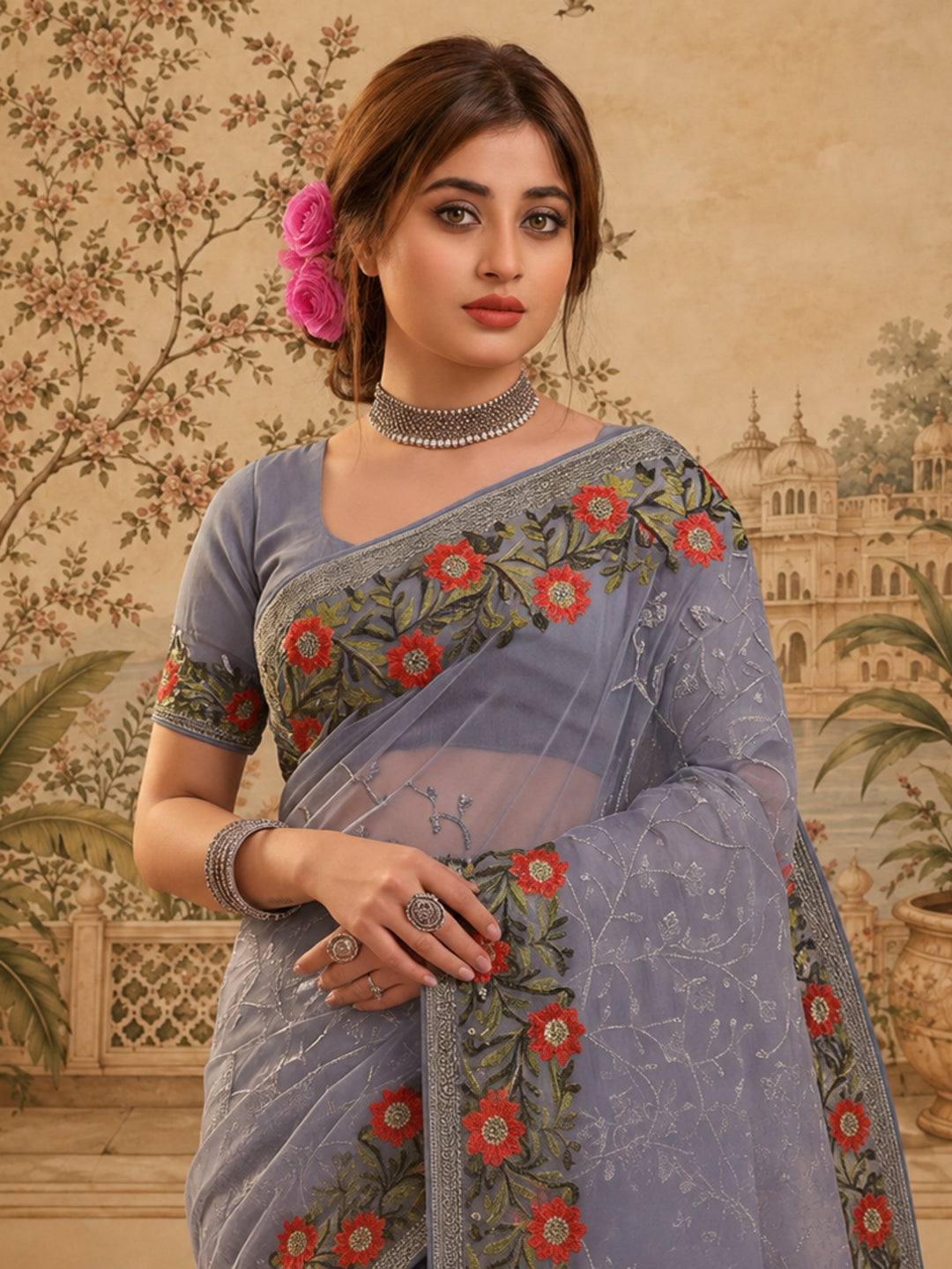 Grey Color Embroidered Work Net Saree By Jaipur Kurti