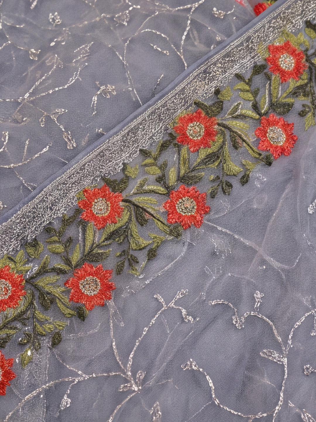 Grey Color Embroidered Work Net Saree By Jaipur Kurti