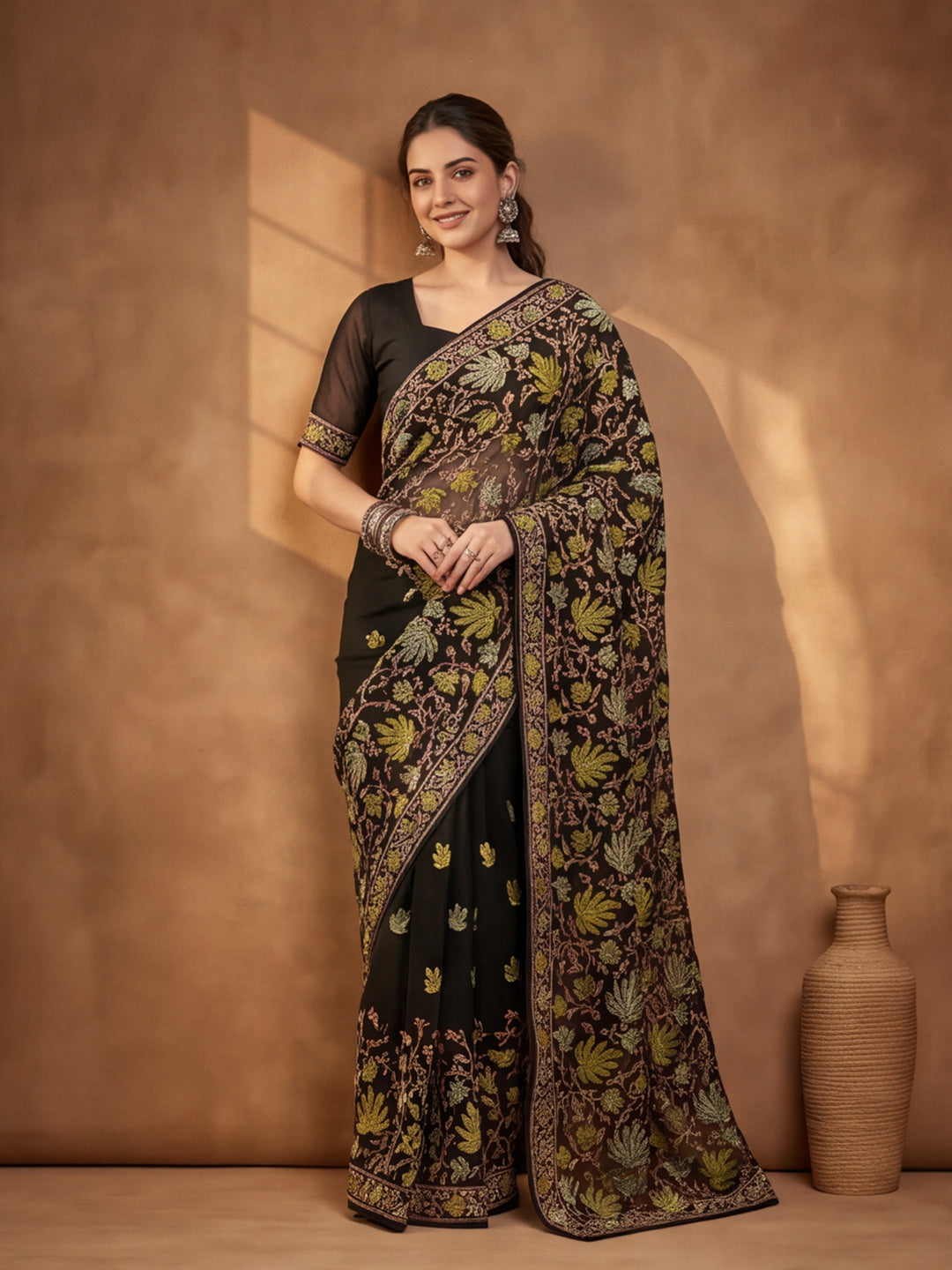 Jaipur Kurti Women's Black Georgette Embroidered Saree – Stunning in Black Georgette