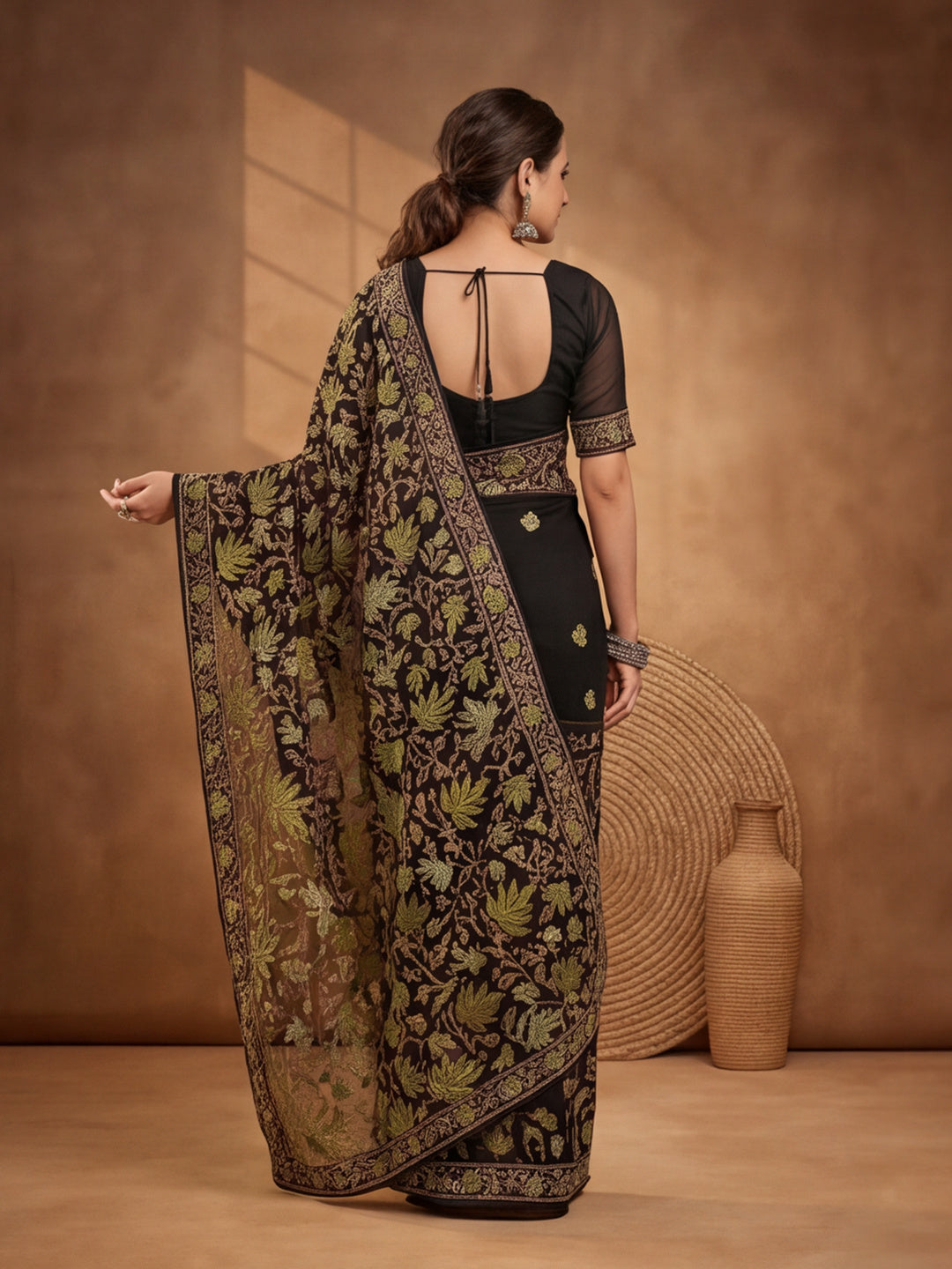 Jaipur Kurti Women's Black Georgette Embroidered Saree – Stunning in Black Georgette