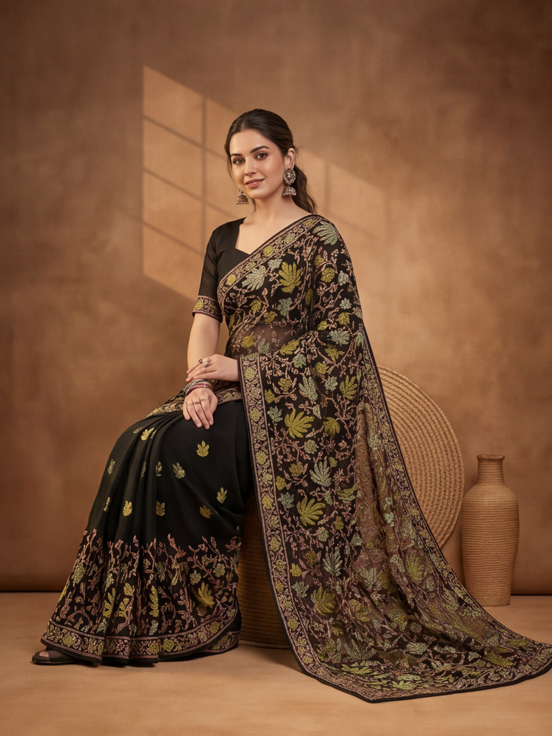 Jaipur Kurti Women's Black Georgette Embroidered Saree – Stunning in Black Georgette