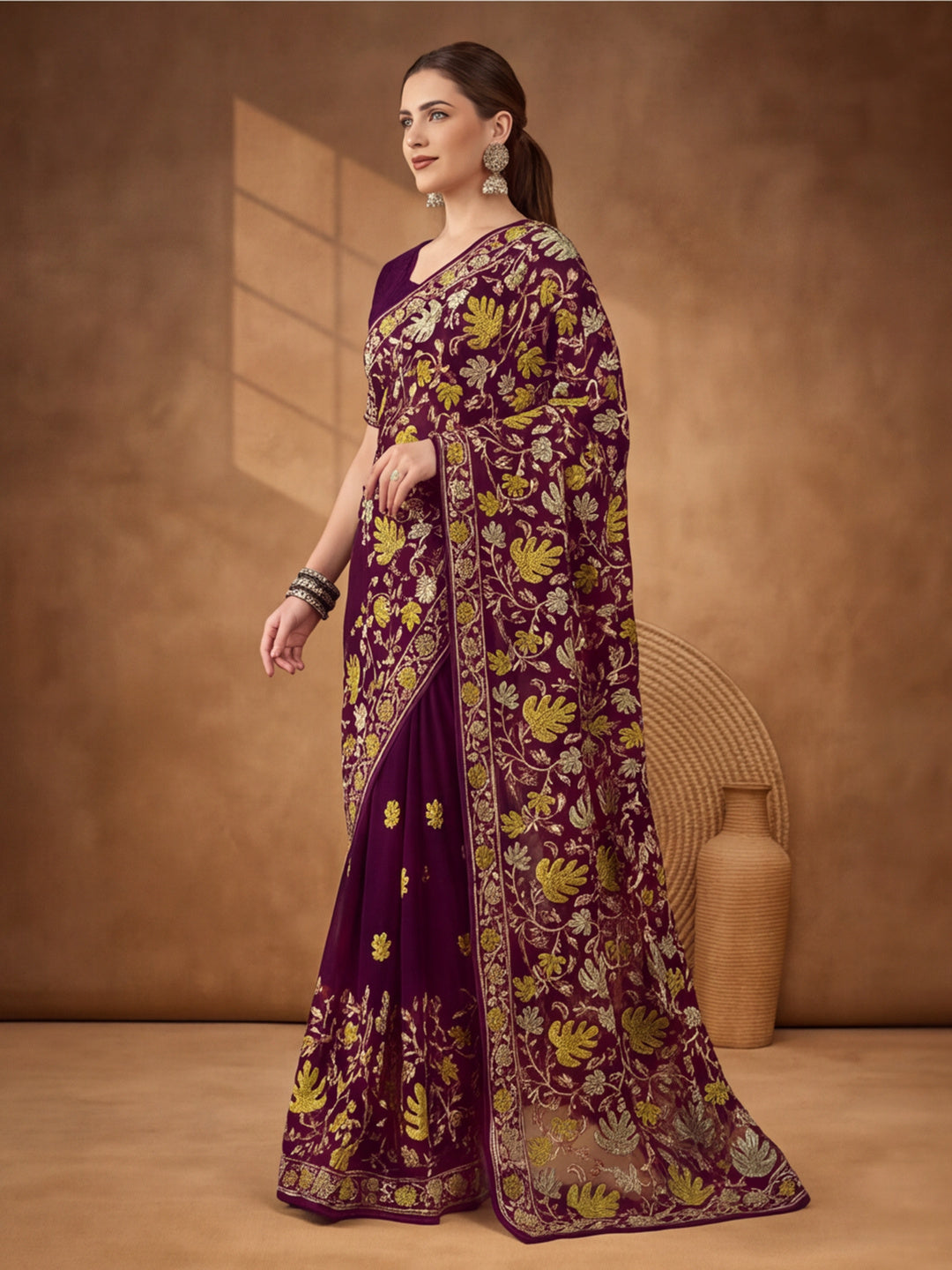 Jaipur Kurti Women's Burgundy Georgette Embroidered Saree – Stunning in Black Georgette