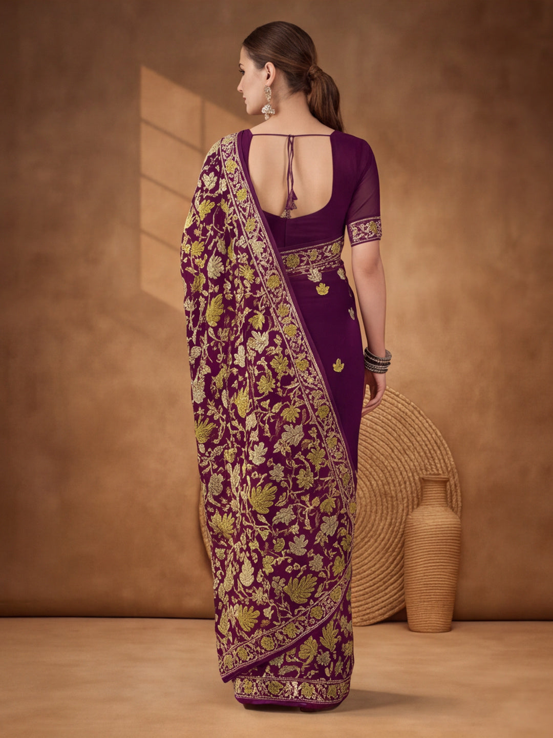 Jaipur Kurti Women's Burgundy Georgette Embroidered Saree – Stunning in Black Georgette