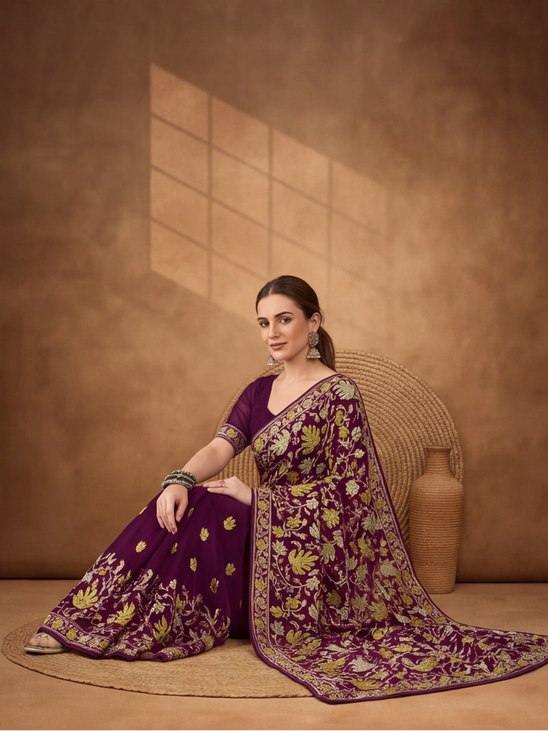 Jaipur Kurti Women's Burgundy Georgette Embroidered Saree – Stunning in Black Georgette