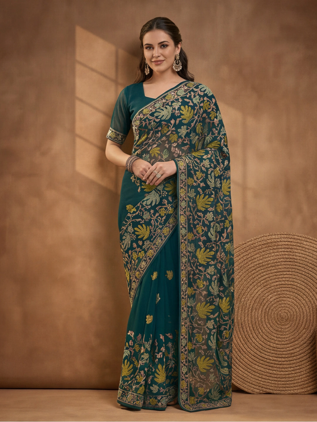Jaipur Kurti Women's Teal Georgette Embroidered Saree – Stunning in Black Georgette