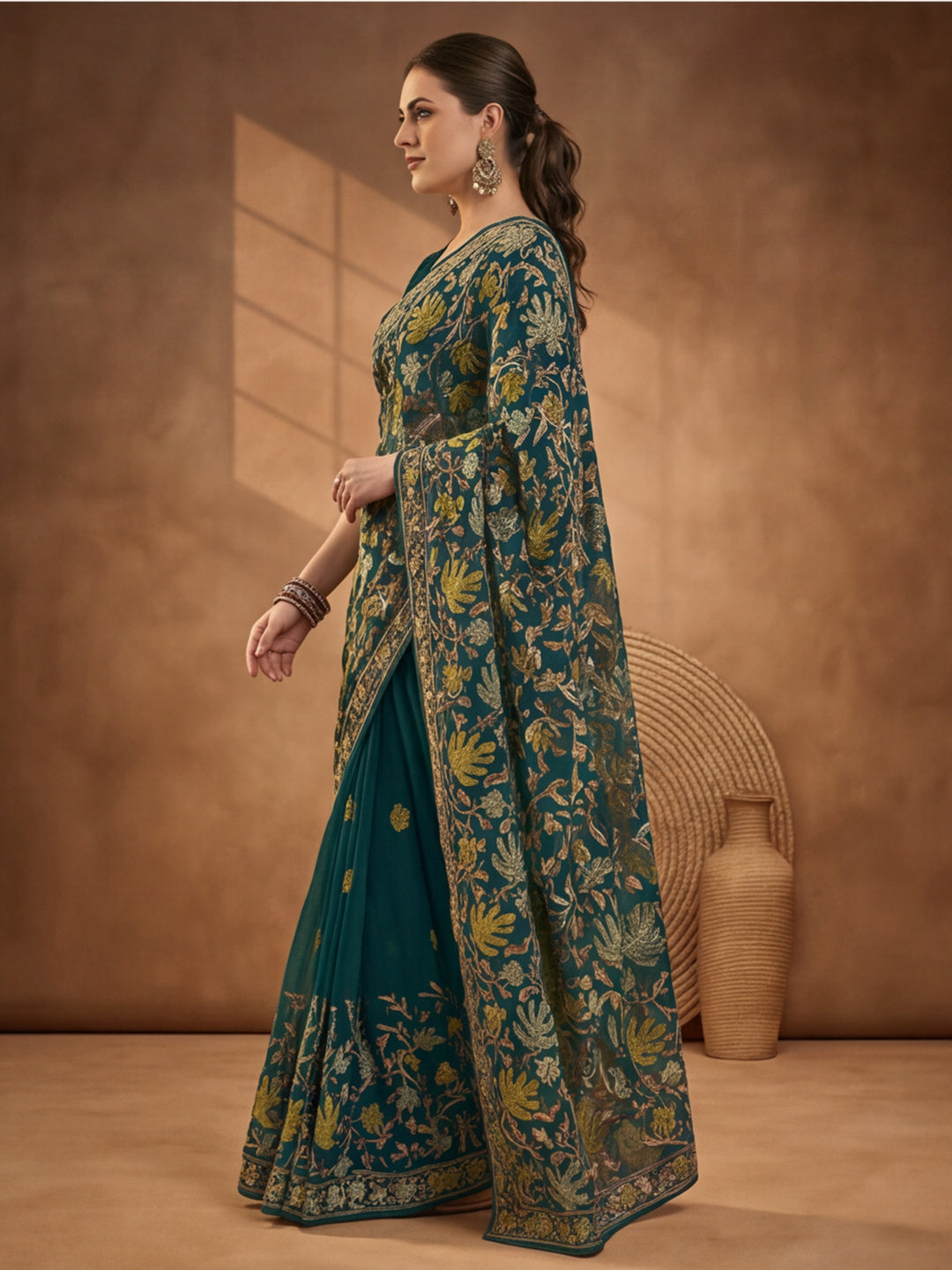 Jaipur Kurti Women's Teal Georgette Embroidered Saree – Stunning in Black Georgette