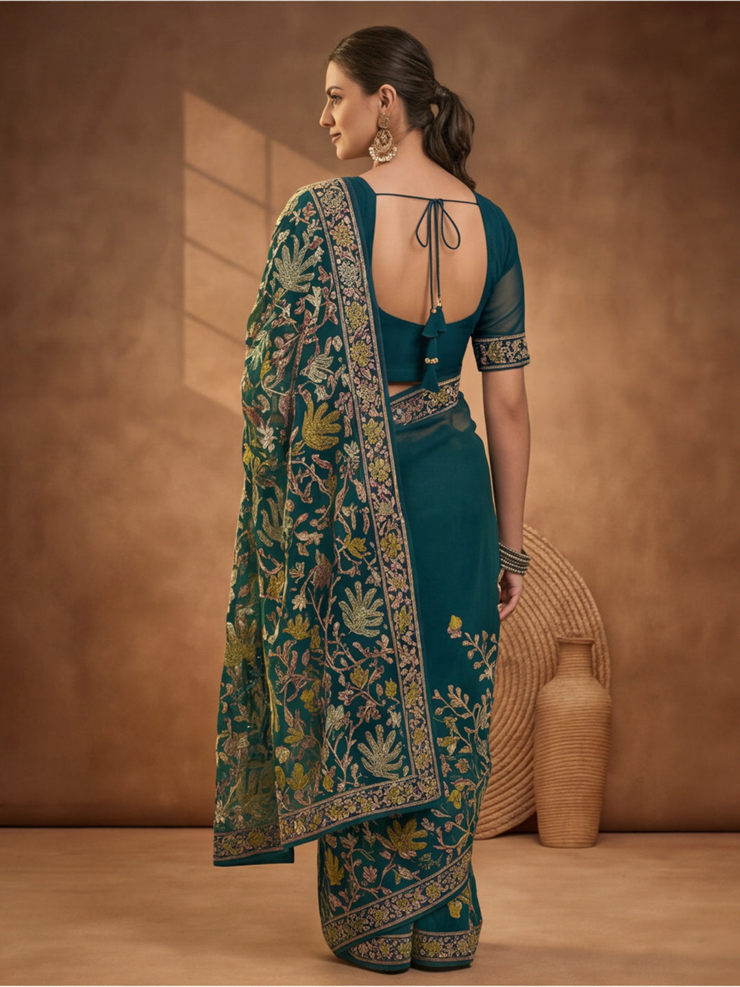 Jaipur Kurti Women's Teal Georgette Embroidered Saree – Stunning in Black Georgette