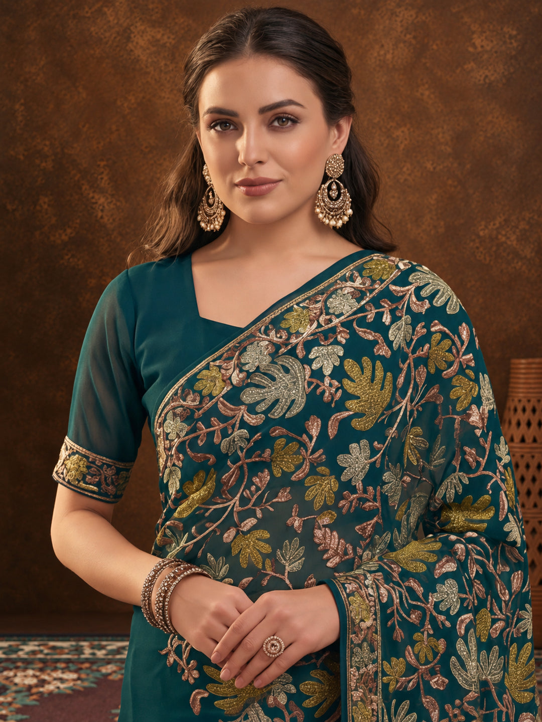 Jaipur Kurti Women's Teal Georgette Embroidered Saree – Stunning in Black Georgette