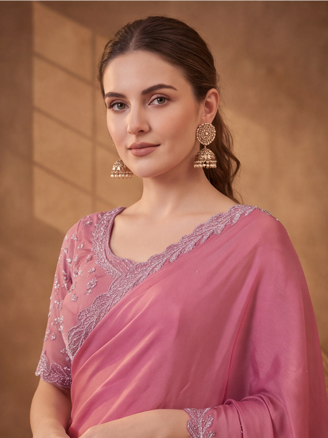 Baby Pink Heavy Satin Chiffon Saree with Designer Embellishments – By Jaipur Kurti