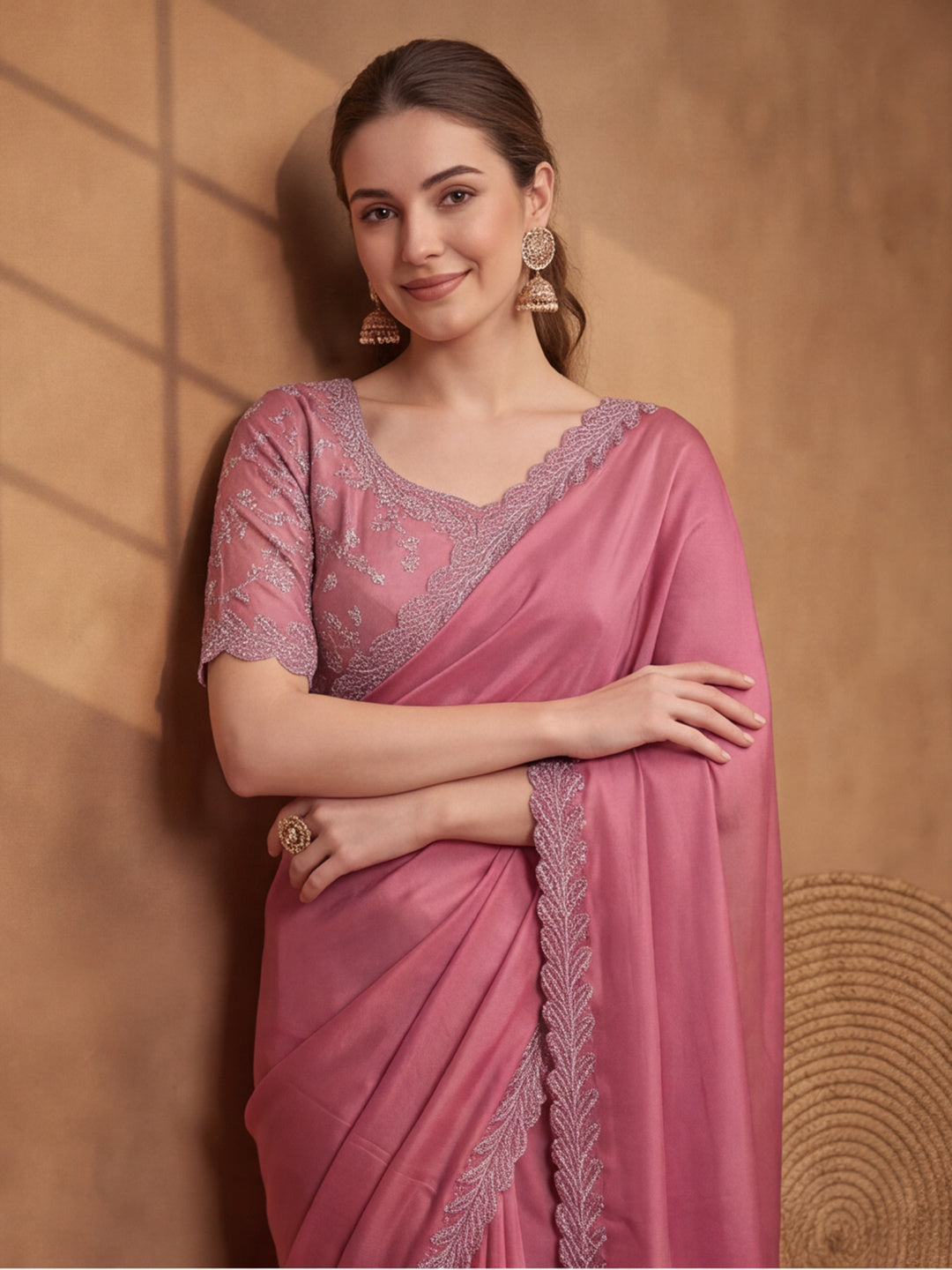 Baby Pink Heavy Satin Chiffon Saree with Designer Embellishments – By Jaipur Kurti