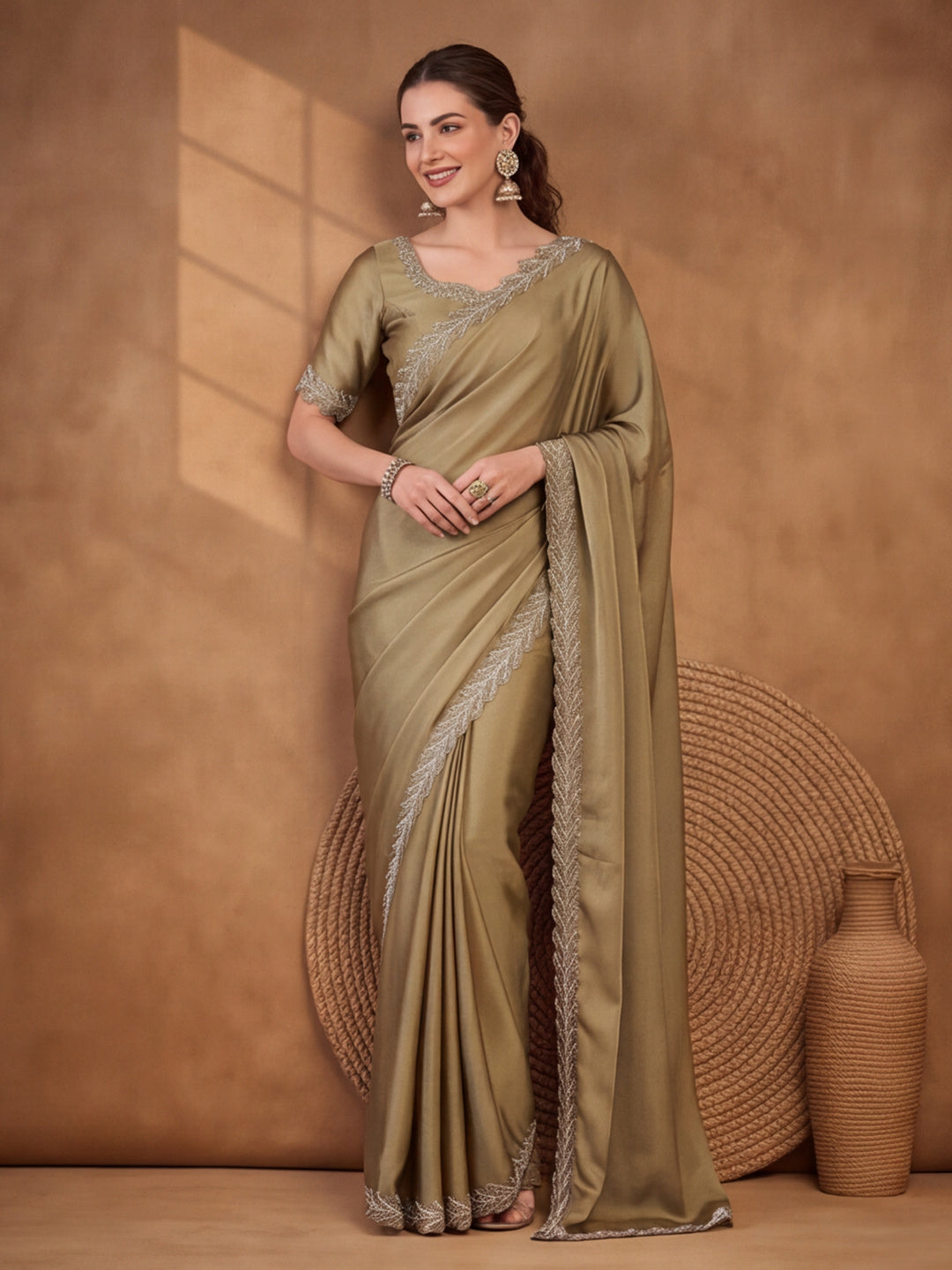 Graceful Sea Green Heavy Satin Chiffon Embellished Saree – By Jaipur Kurti