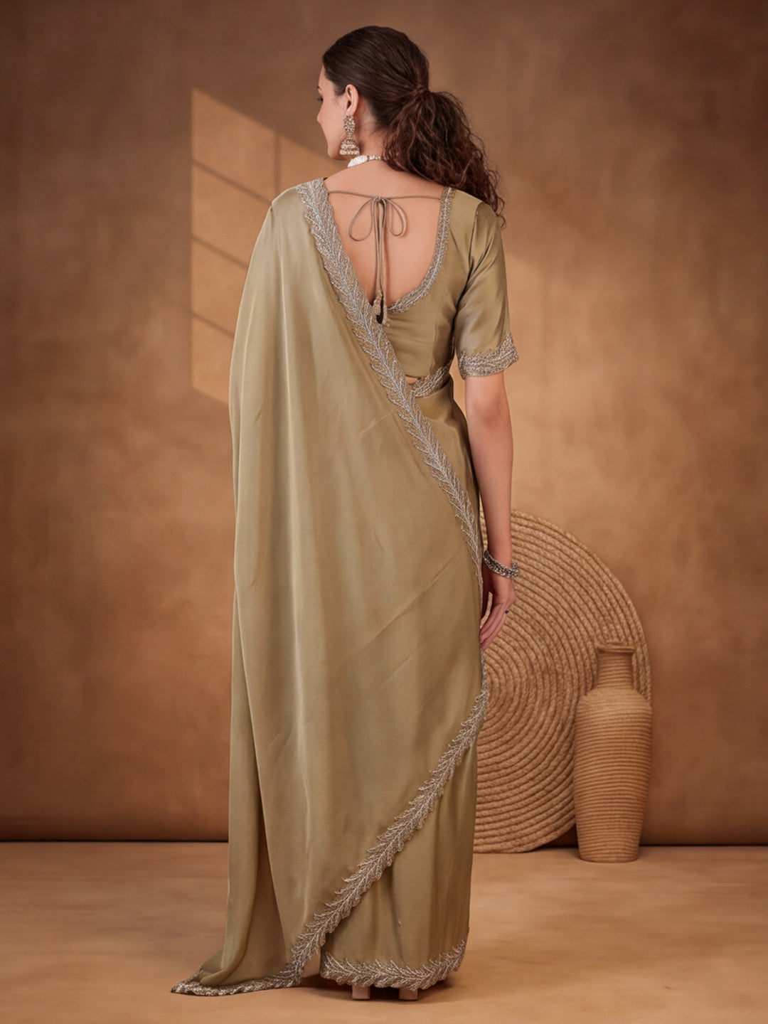 Graceful Sea Green Heavy Satin Chiffon Embellished Saree – By Jaipur Kurti