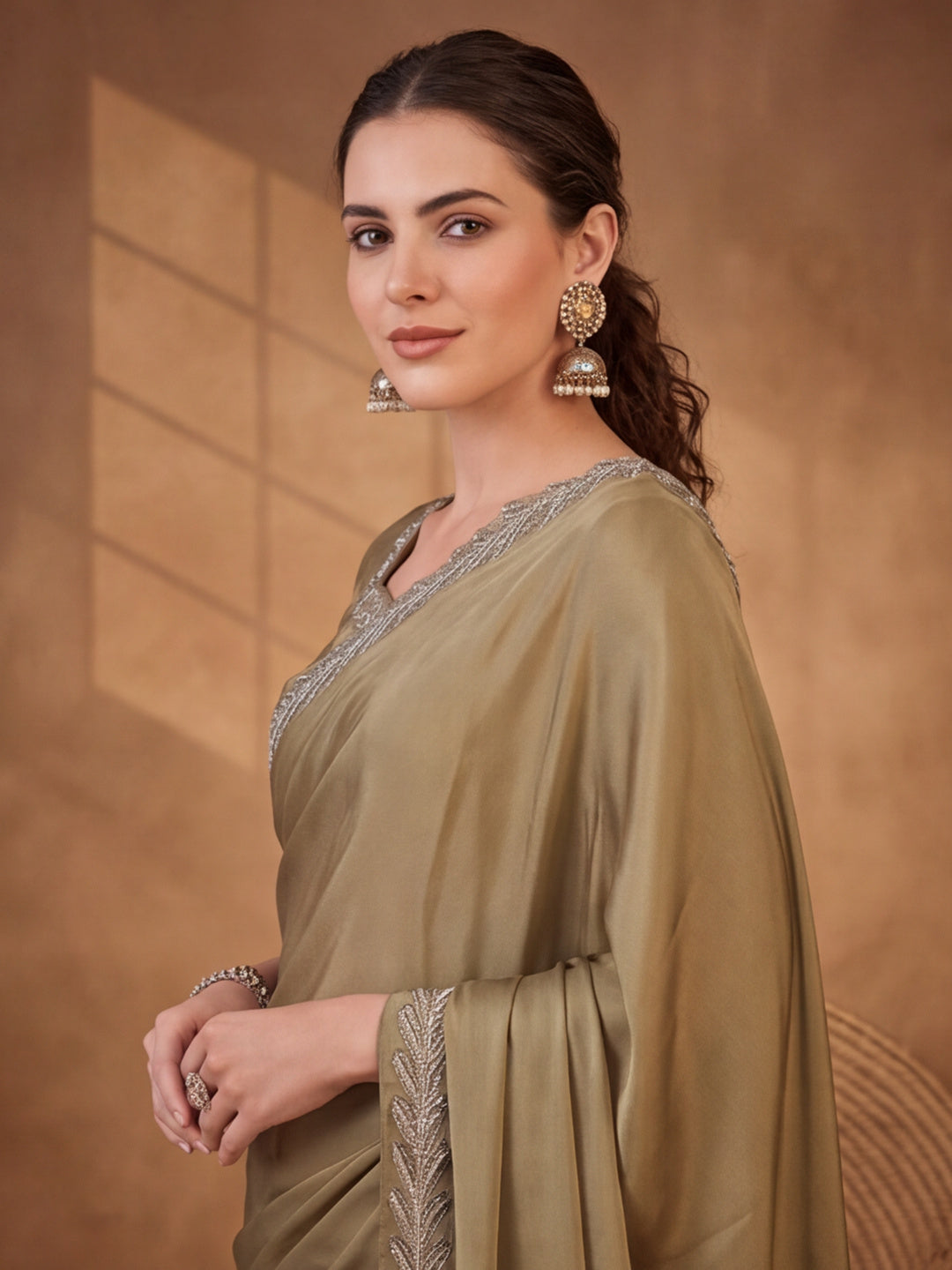 Graceful Sea Green Heavy Satin Chiffon Embellished Saree – By Jaipur Kurti