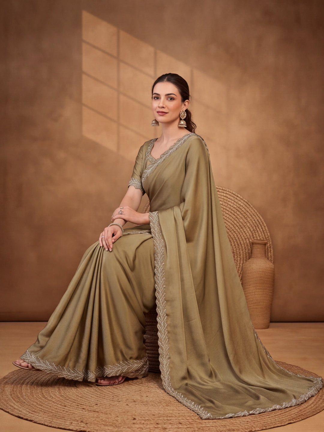 Graceful Sea Green Heavy Satin Chiffon Embellished Saree – By Jaipur Kurti