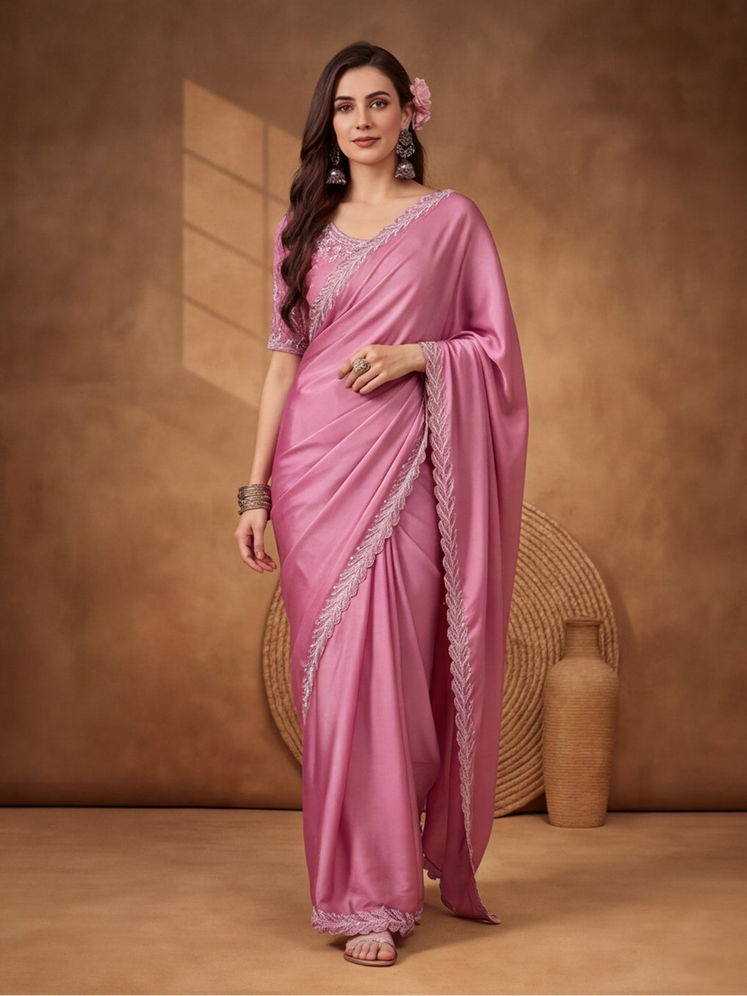 Light Purple Satin Chiffon Saree with Rich Embellished Detailing – By Jaipur Kurti