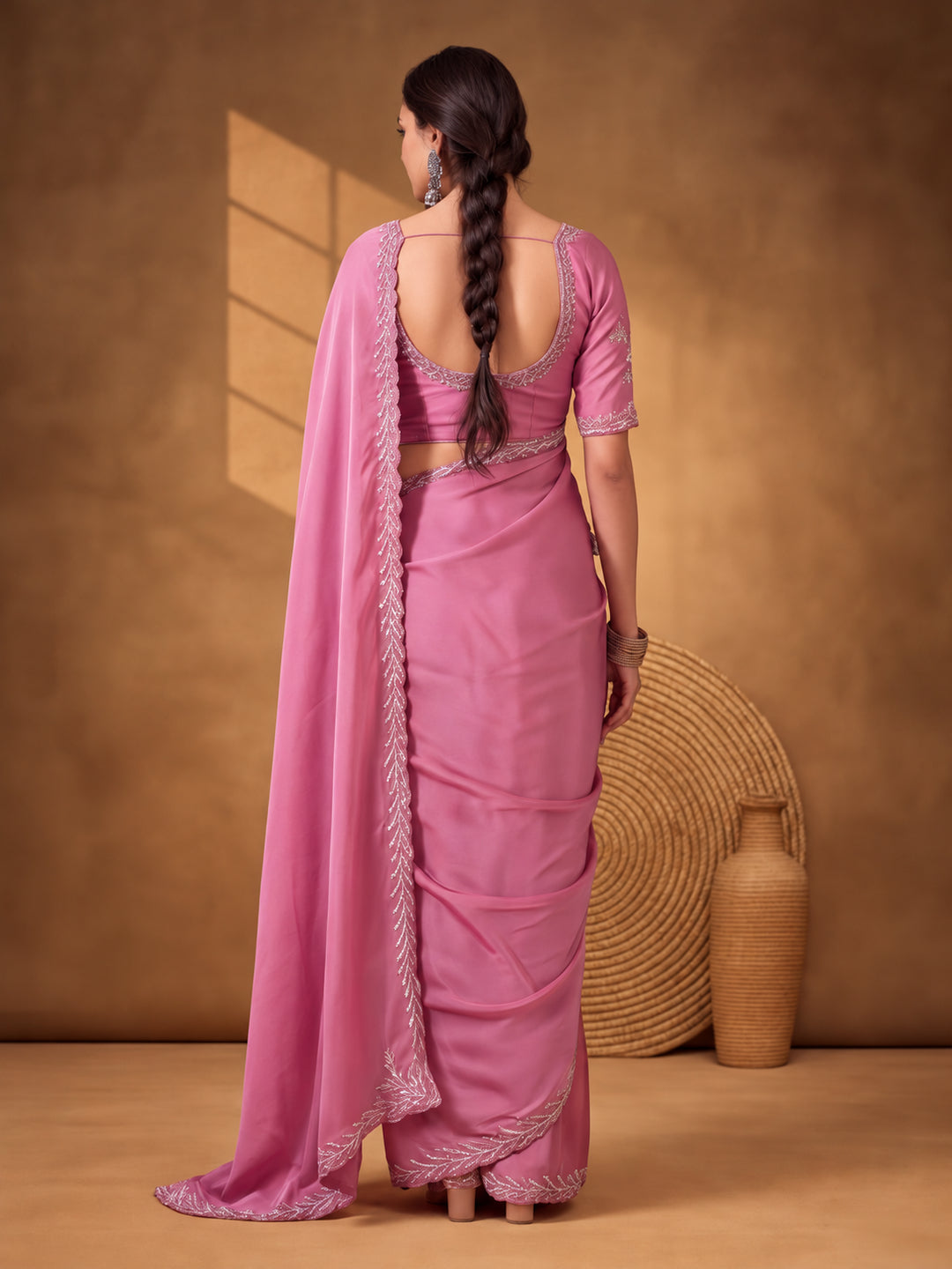 Light Purple Satin Chiffon Saree with Rich Embellished Detailing – By Jaipur Kurti