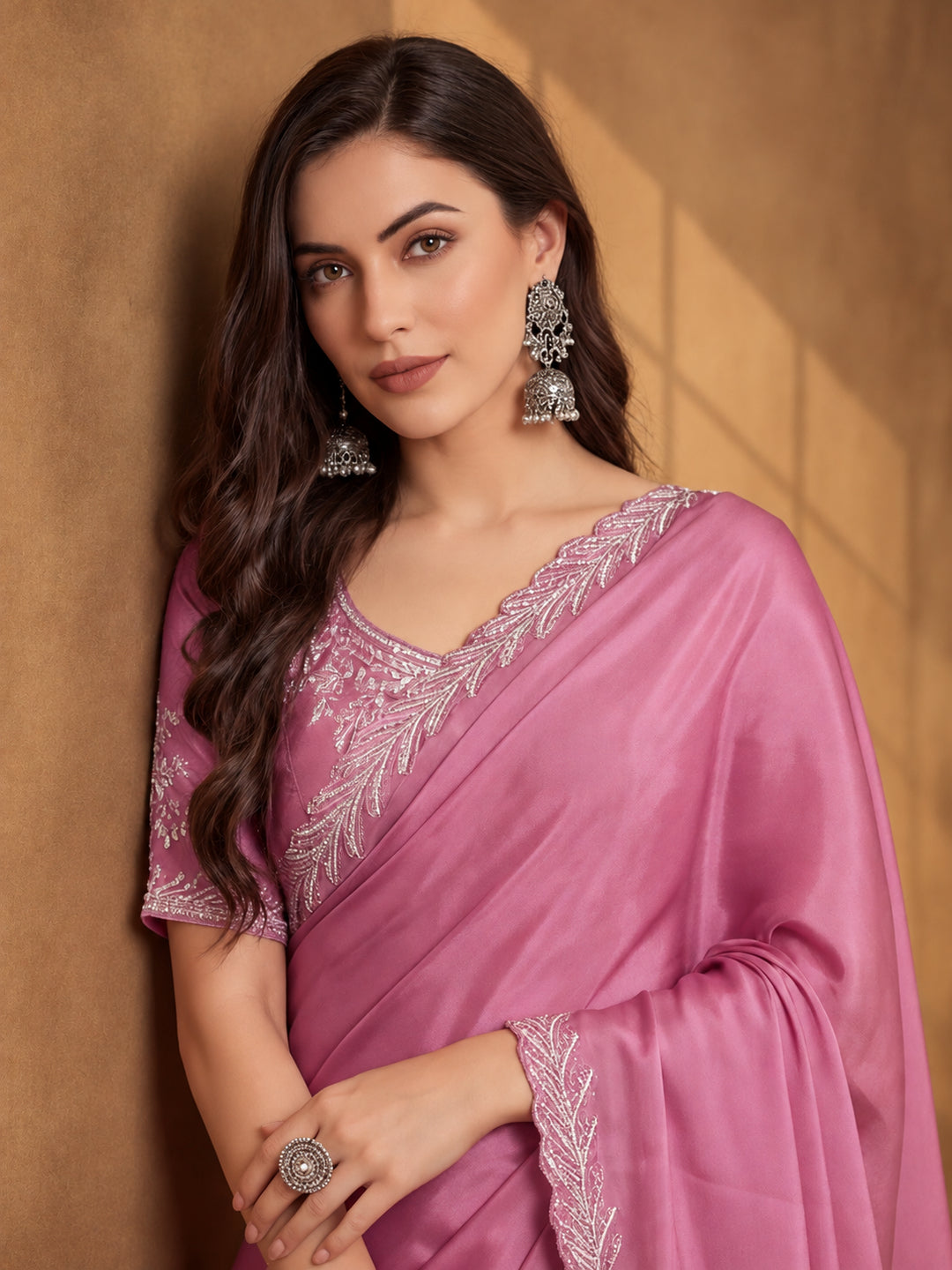 Light Purple Satin Chiffon Saree with Rich Embellished Detailing – By Jaipur Kurti