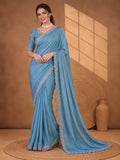 Glamorous Teal Satin Chiffon Saree with Party Wear Embellishment – By Jaipur Kurti