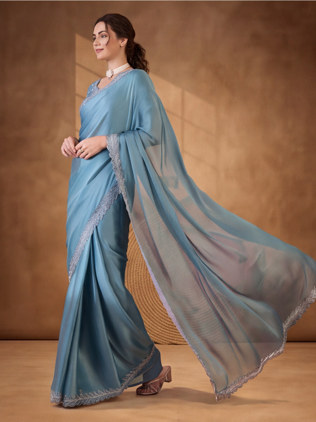 Glamorous Teal Satin Chiffon Saree with Party Wear Embellishment – By Jaipur Kurti