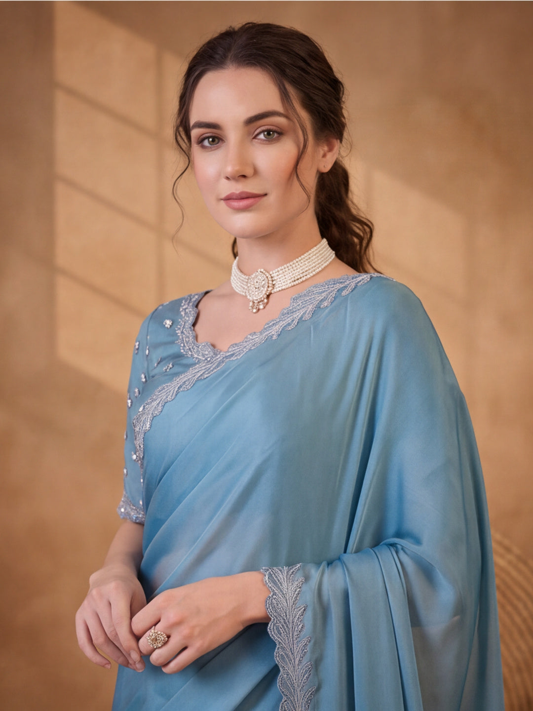 Glamorous Teal Satin Chiffon Saree with Party Wear Embellishment – By Jaipur Kurti