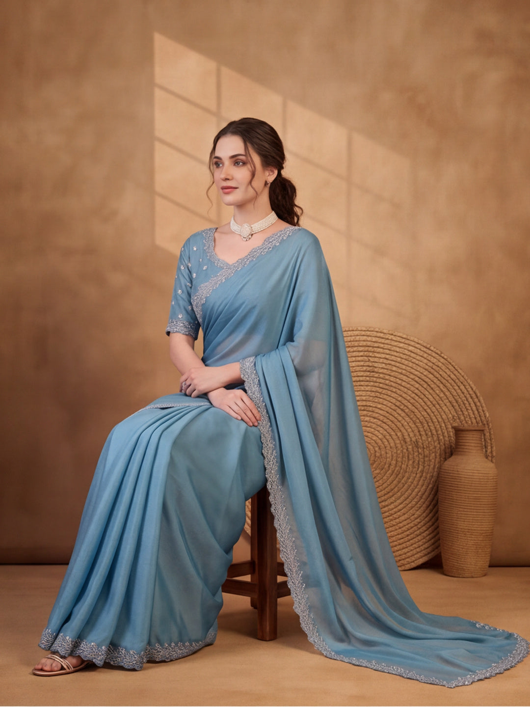 Glamorous Teal Satin Chiffon Saree with Party Wear Embellishment – By Jaipur Kurti