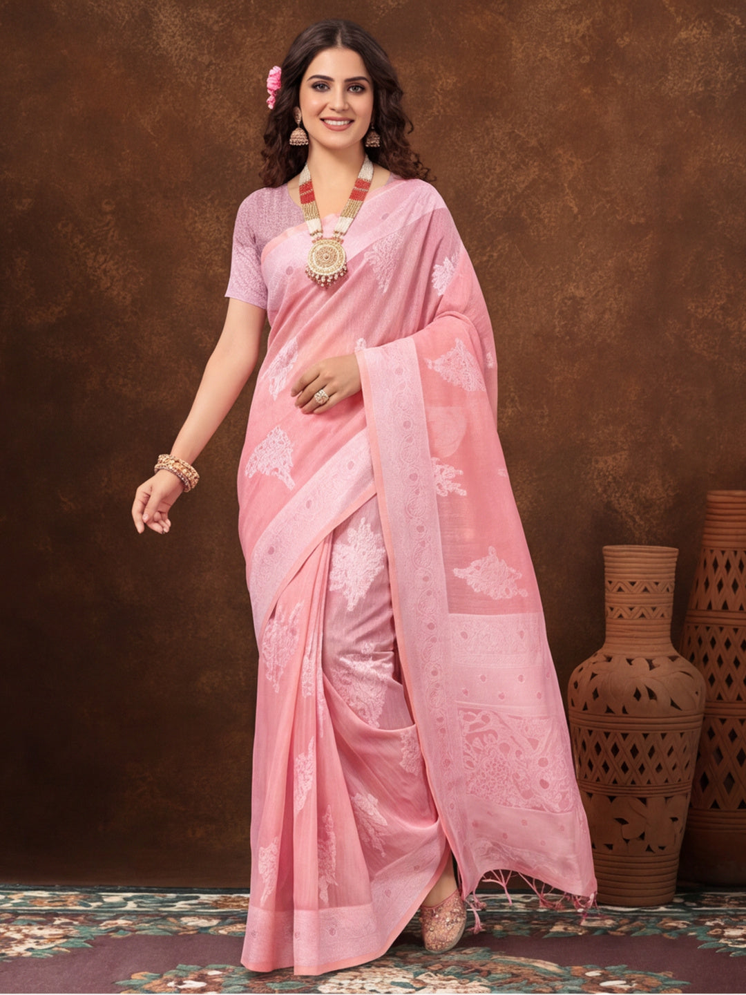 Baby Pink Color Weaving Work Cotton Saree By Jaipur Kurti