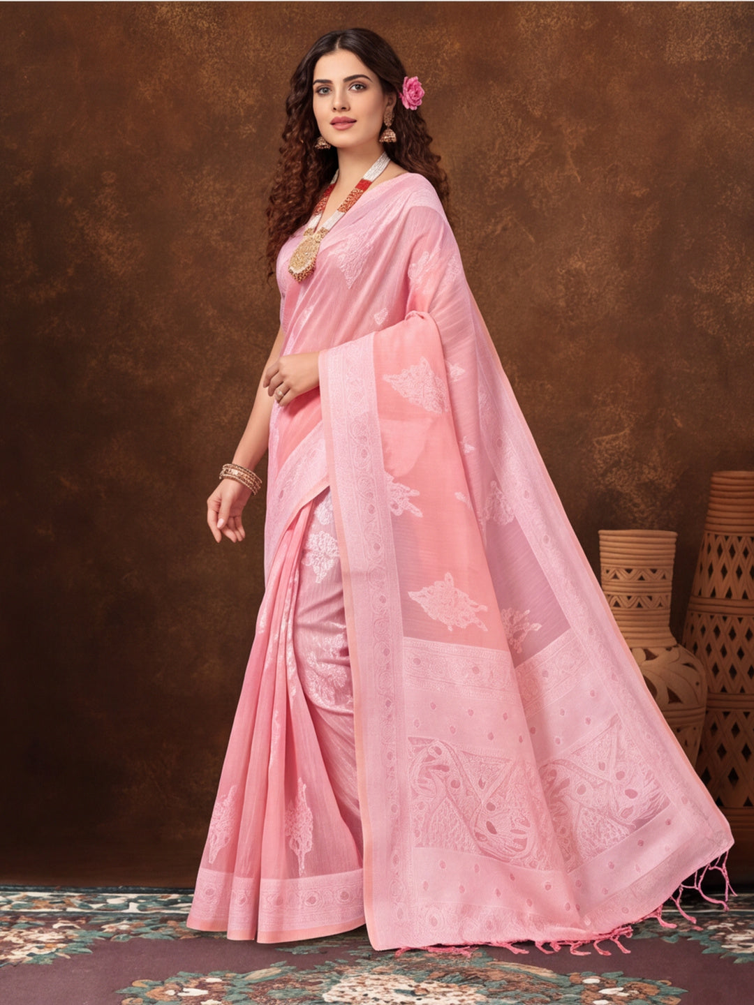 Baby Pink Color Weaving Work Cotton Saree By Jaipur Kurti