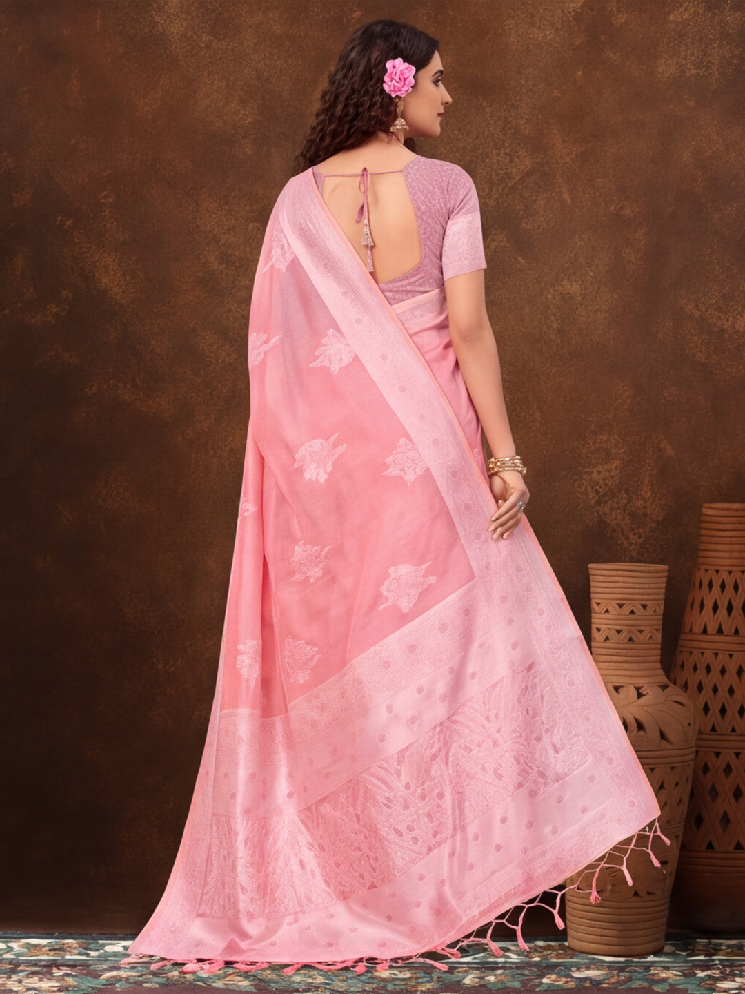 Baby Pink Color Weaving Work Cotton Saree By Jaipur Kurti