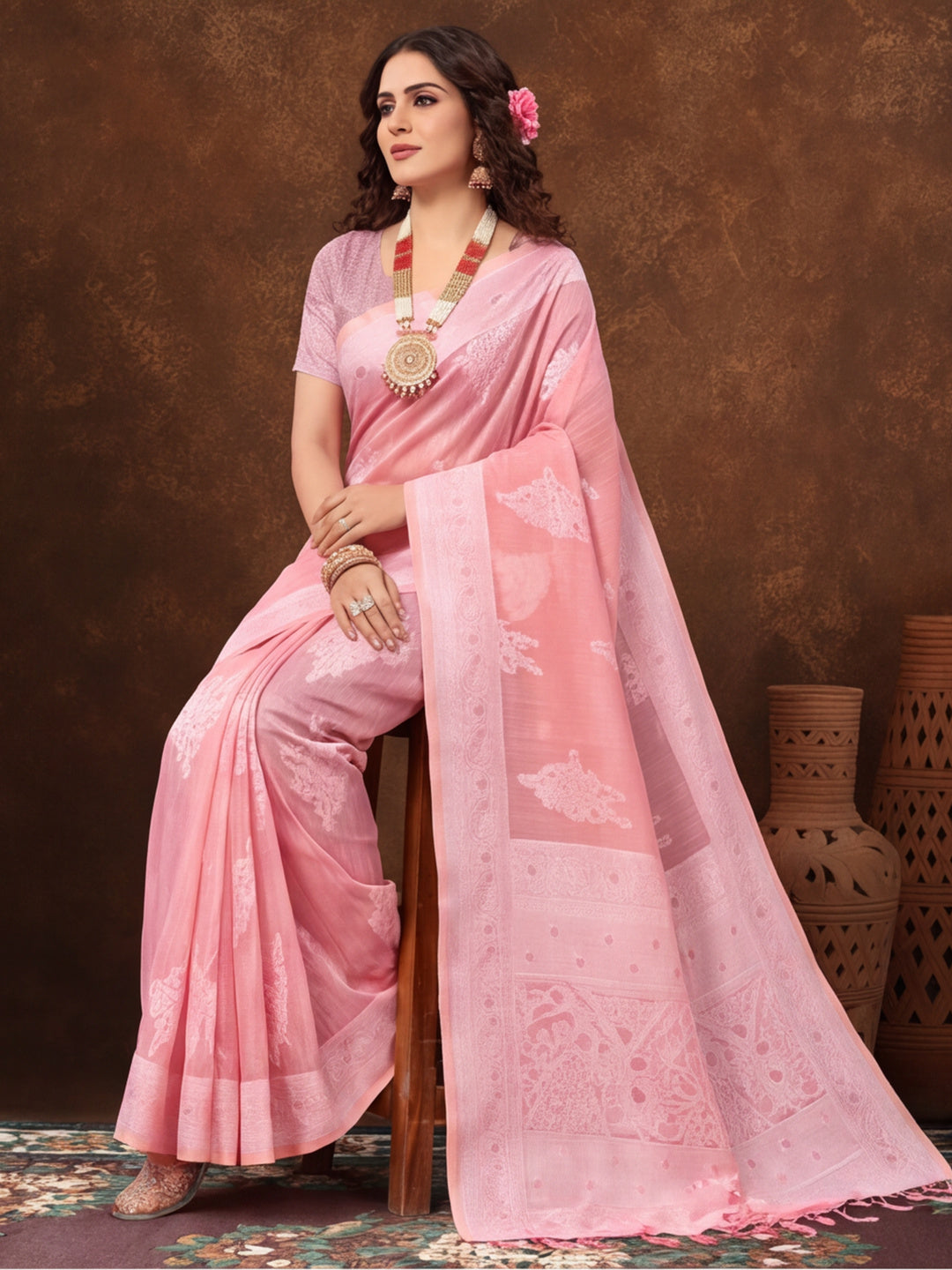 Baby Pink Color Weaving Work Cotton Saree By Jaipur Kurti